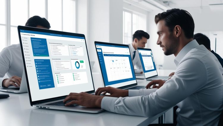 Modern office scene with four professionals working on laptops, focused on productivity software. Bright, minimalistic setting conveys efficiency.